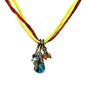 Turquoise teardrop & gems on 3-strand silk necklace in brass