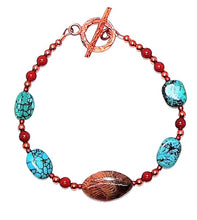Load image into Gallery viewer, Turquoise, fossil coral, red jasper &amp; copper bracelets
