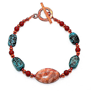 Turquoise, fossil coral, red jasper & copper bracelets