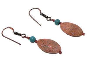 Turquoise, fossil coral & copper earrings with French wires