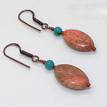Load image into Gallery viewer, Turquoise, fossil coral &amp; copper earrings with French wires
