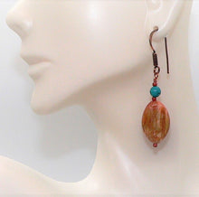 Load image into Gallery viewer, Turquoise, fossil coral &amp; copper earrings with French wires
