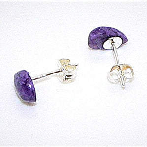 Charoite teardrop stud earrings with sterling silver posts