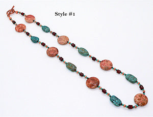 Turquoise, fossil coral, red jasper & copper necklaces
