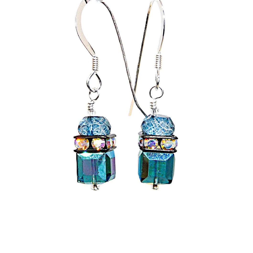 Larger London blue topaz & Swarovski crystal earrings with sterling French wires