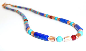 Egyptian-style turquoise, carnelian, lapis, & copper necklace