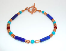 Load image into Gallery viewer, Egyptian-style turquoise, carnelian, lapis, &amp; copper bracelet
