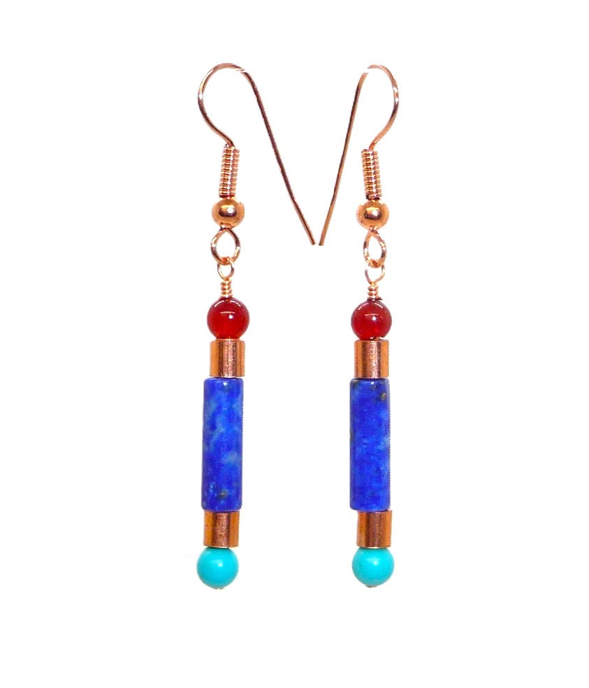 Egyptian-style turquoise, carnelian, lapis, & copper earrings (2 styles)