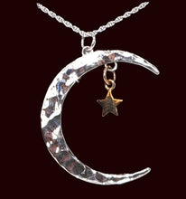 Load image into Gallery viewer, Celestial hammered sterling crescent moon with bronze star pendant necklace
