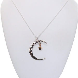 Celestial hammered sterling crescent moon with bronze star pendant necklace