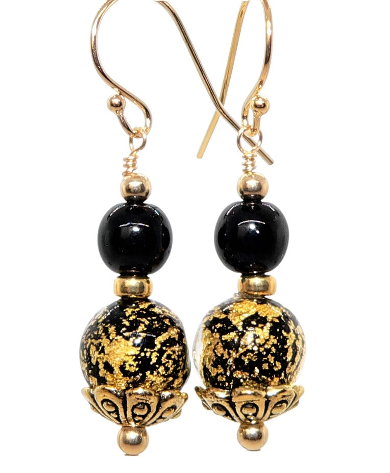 Black Murano (Venetian) glass & 14K gold leaf earrings with French wires