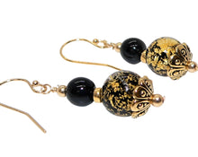 Load image into Gallery viewer, Black Murano (Venetian) glass &amp; 14K gold leaf earrings with French wires
