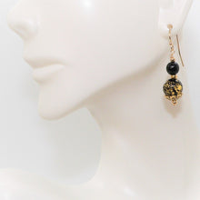Load image into Gallery viewer, Black Murano (Venetian) glass &amp; 14K gold leaf earrings with French wires
