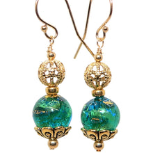 Load image into Gallery viewer, Seafoam green Murano (Venetian) glass &amp; 14K gold leaf earrings
