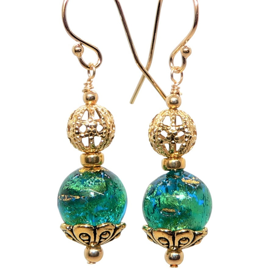 Seafoam green Murano (Venetian) glass & 14K gold leaf earrings