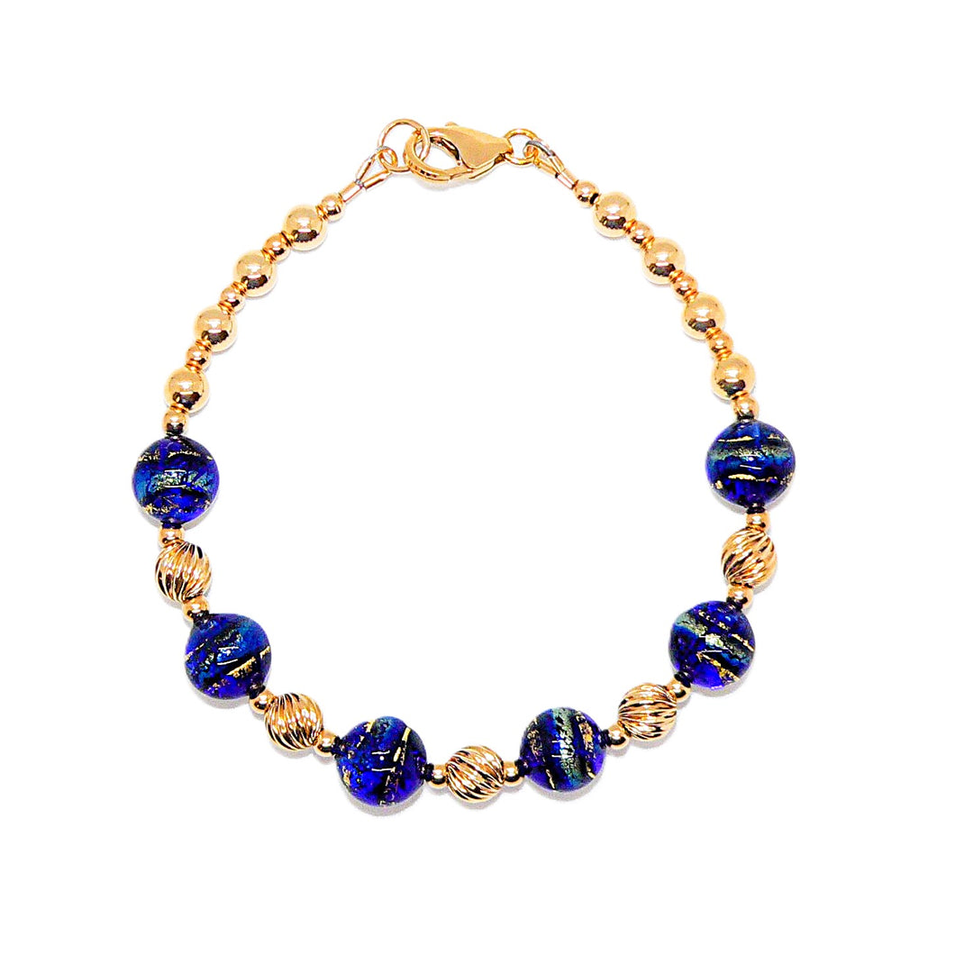 Cobalt blue Murano (Venetian) glass & 14K gold leaf bracelet