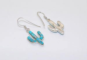 Turquoise, opal & sterling inlay cactus earrings with French wires (made in USA)