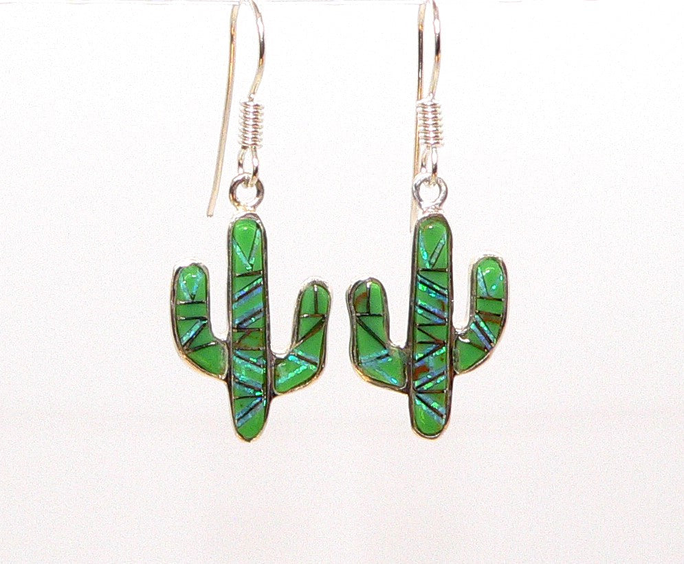 Gaspeite, opal & sterling inlay cactus earrings with French wires (made in USA)