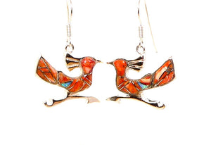 Roadrunner inlay earrings in shell, opal & sterling silver with French wires (Made in the USA)