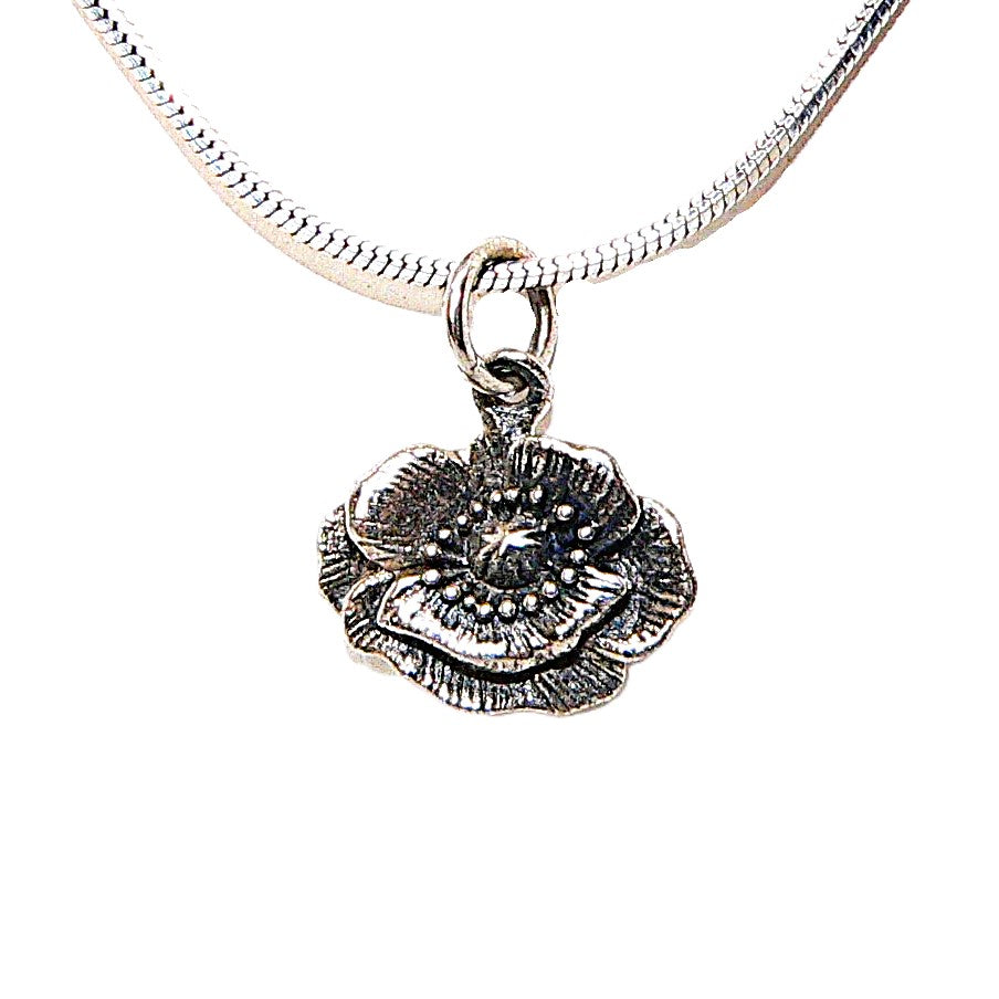 Sterling silver poppy charm pendant necklace