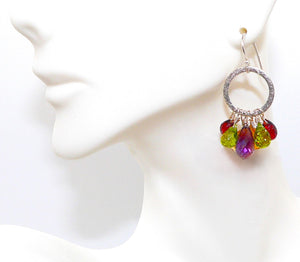 Multi-gemstone teardrop earrings on sterling silver ring with French wires