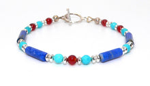 Load image into Gallery viewer, Egyptian-style turquoise, carnelian, lapis &amp; sterling silver bracelet
