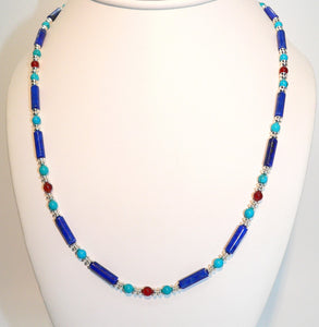 Egyptian-style turquoise, carnelian, lapis & sterling silver necklace