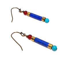 Load image into Gallery viewer, Egyptian-style turquoise, carnelian, lapis, brass &amp; gold-filled earrings (2 styles)
