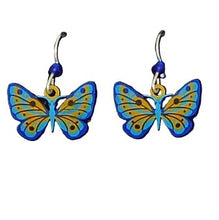 Load image into Gallery viewer, Blue &amp; yellow butterfly earrings on French wires
