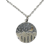 Load image into Gallery viewer, Celestial moon &amp; stars sterling pendant necklace with mountains and trees
