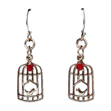 Load image into Gallery viewer, Bird in sterling cage with red crystal accent on French wires earrings
