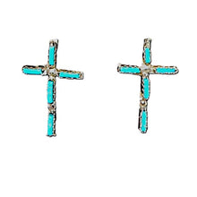 Load image into Gallery viewer, Native American O. Pinto turquoise &amp; sterling post cross earrings
