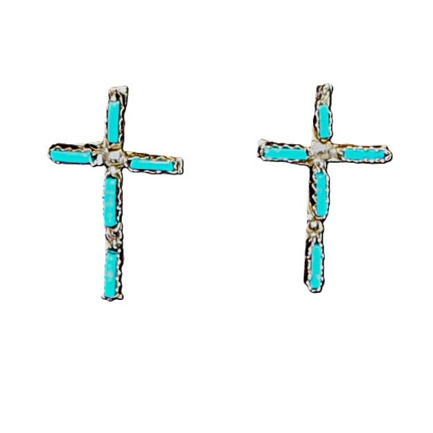 Native American O. Pinto turquoise & sterling post cross earrings