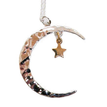 Load image into Gallery viewer, Celestial hammered sterling crescent moon with bronze star pendant necklace
