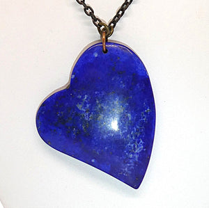 Lapis cabochon gemstone heart pendant necklace on brass cable chain