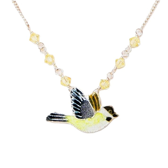 Chickadee pendant necklace in cloisonné & sterling - Made in USA