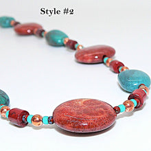 Load image into Gallery viewer, Turquoise, fossil coral, red jasper &amp; copper necklaces
