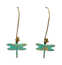 Load image into Gallery viewer, Small patina brass dragonfly earrings on long French wires
