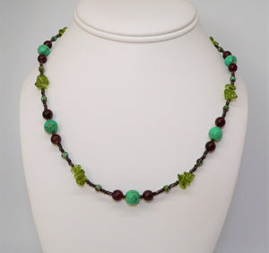 Mojave green turquoise, petrified wood & peridot (Arizona-mined) gemstones necklace