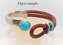 Load image into Gallery viewer, Turquoise &amp; leather &quot;button&quot; bracelets in sterling silver plate (size 6.5)
