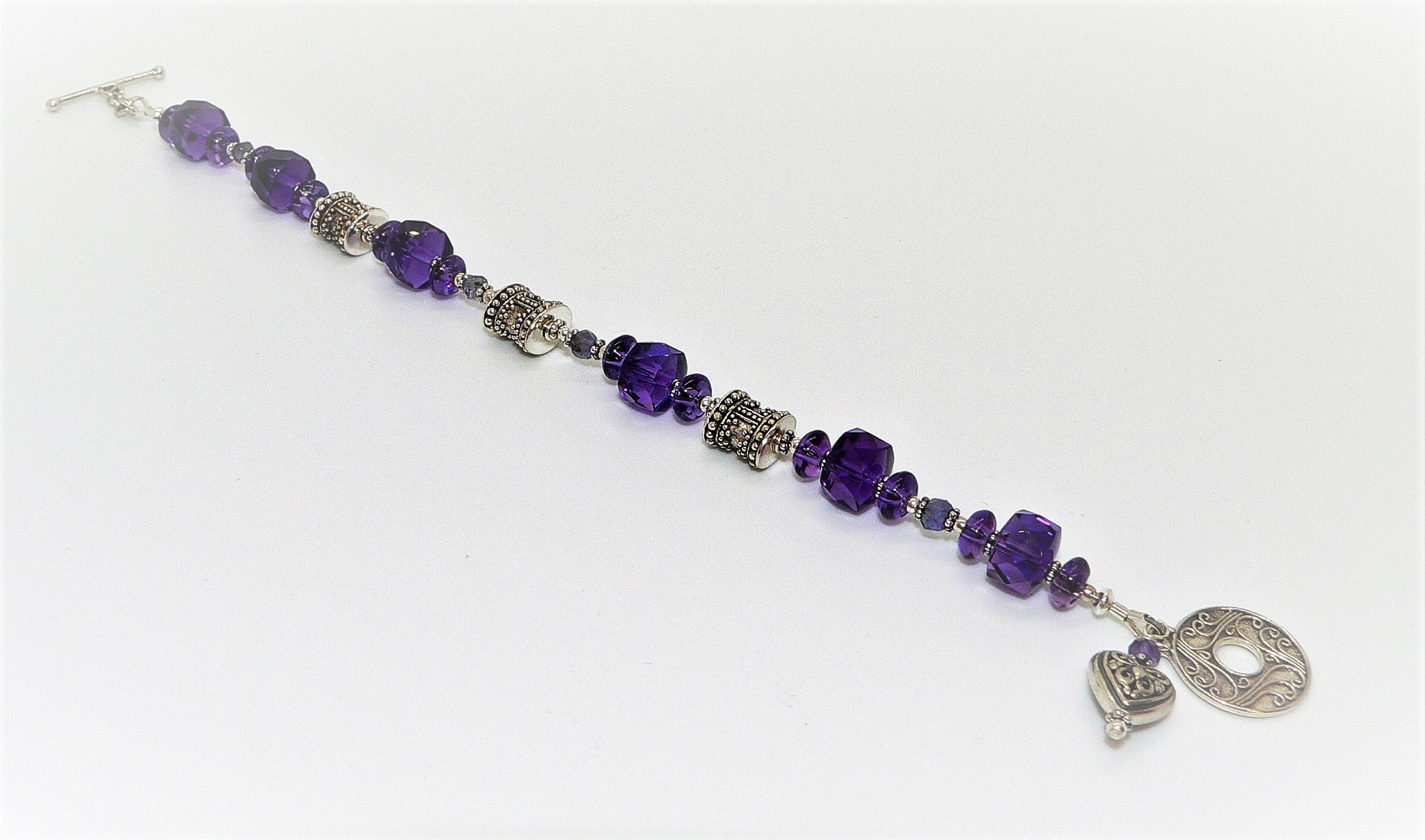 Amethyst Bead Bracelet with Sterling Silver Heart Italy