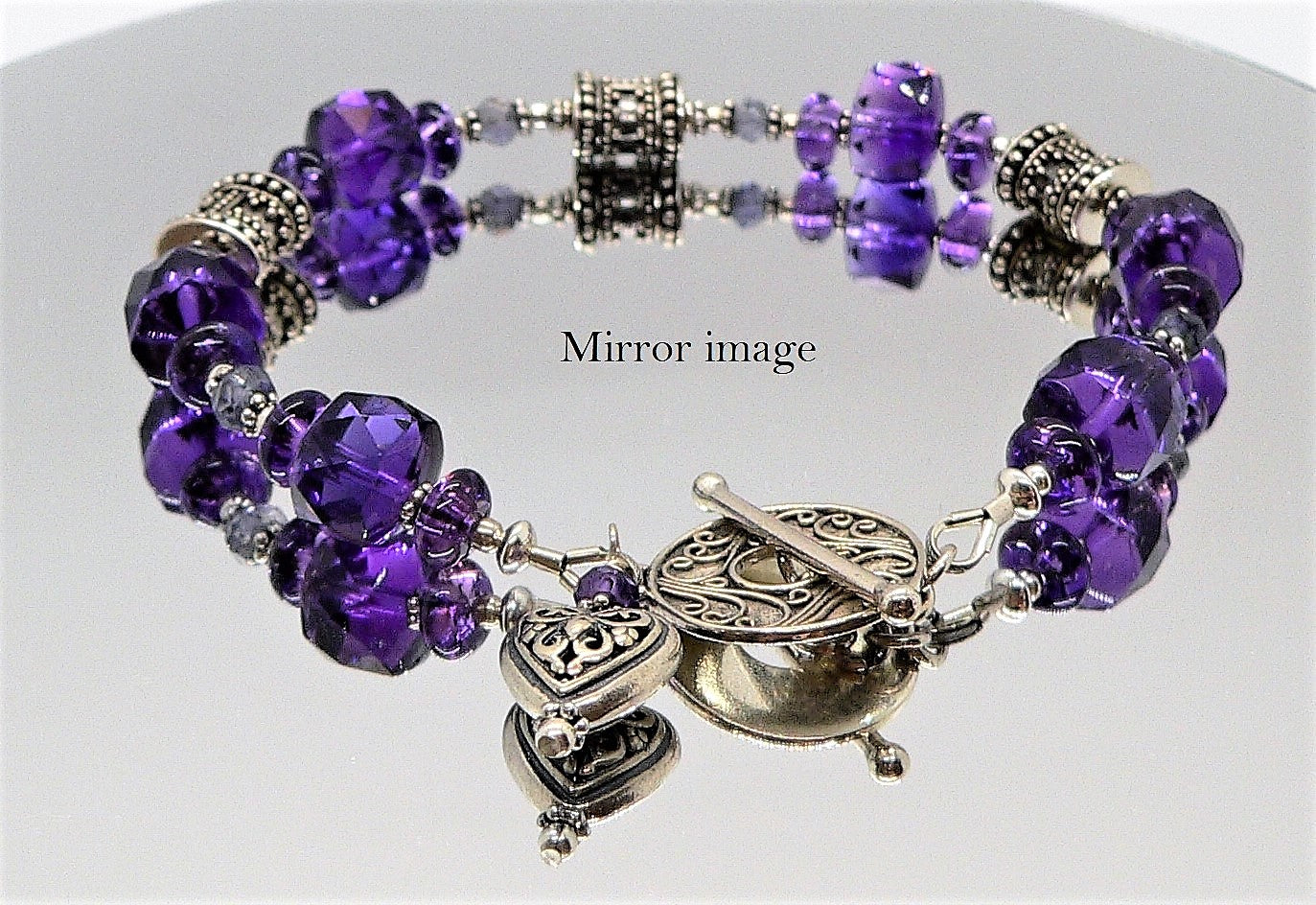 Amethyst Bead Bracelet with Sterling Silver Heart Italy