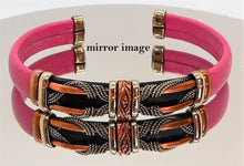 Load image into Gallery viewer, Leather &amp; copper adjustable cuff bracelet in pink
