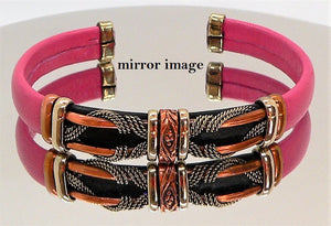 Leather & copper adjustable cuff bracelet in pink