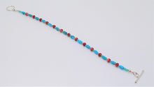 Load image into Gallery viewer, Turquoise &amp; red spiny oyster shell &amp; sterling silver bracelet
