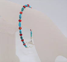 Load image into Gallery viewer, Turquoise &amp; red spiny oyster shell &amp; sterling silver bracelet
