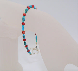 Turquoise & red spiny oyster shell & sterling silver bracelet