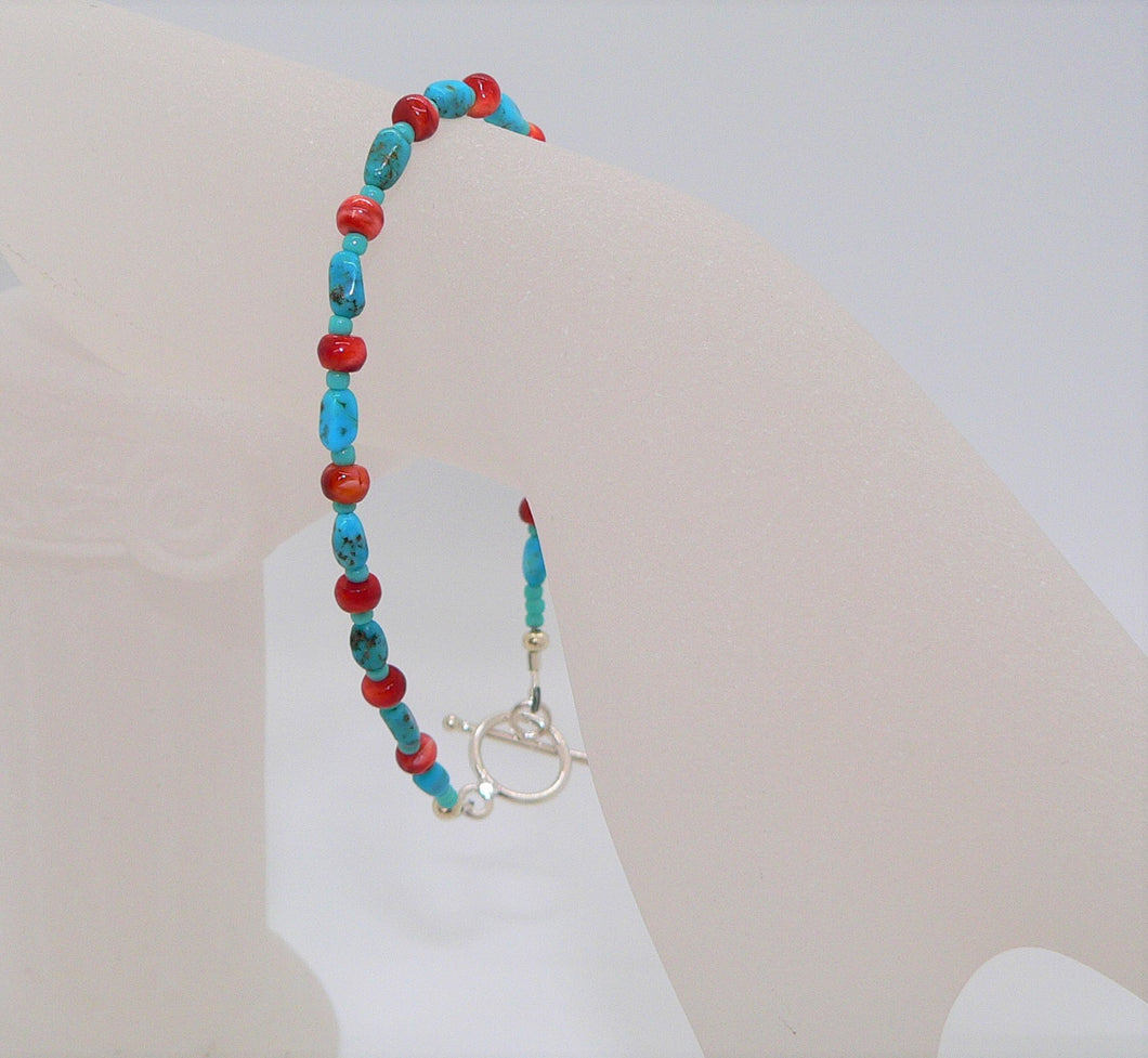 Turquoise & red spiny oyster shell & sterling silver bracelet