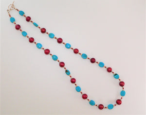Turquoise, red freshwater pearl & sterling silver necklace