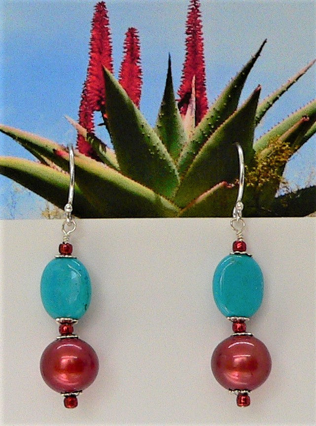 Turquoise, red freshwater pearl & sterling earrings with French